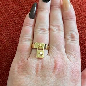 Yellow Gold Two Sided Lock Dangling Ring With CZ